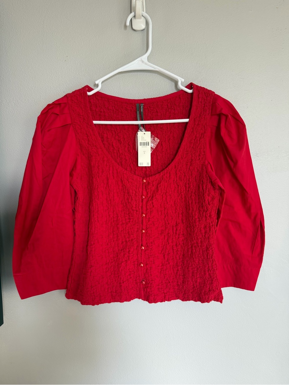 NWT Anthropologie Smocked Cardigan Top Red Long Sleeve S